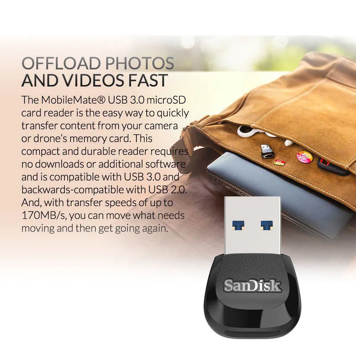 SanDisk MobileMate USB 3.0 Reader for UHS-I Micro SDHC Micro SDXC Memory Card Reader B531 High Transfer speeds of up to 170MB/s